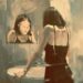 A distoted painting-like image of a woman in the bathroom, standing infront of a mirror.