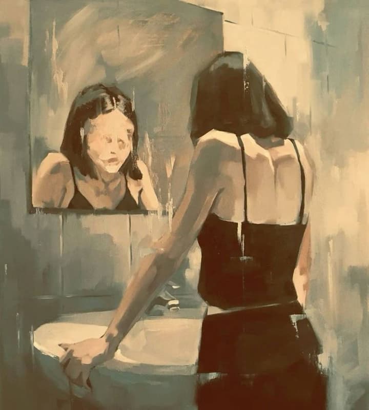 A distoted painting-like image of a woman in the bathroom, standing infront of a mirror.