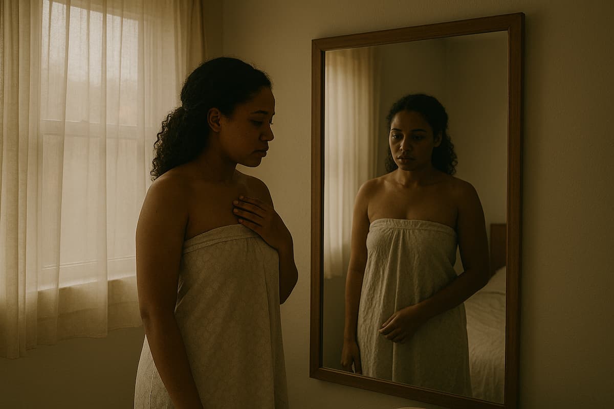 A woman (African, mid-to-late 20s or early 30s) in an off-white casual dress standing near a mirror, gazing at her reflection, unsure, wistful, a little broken.