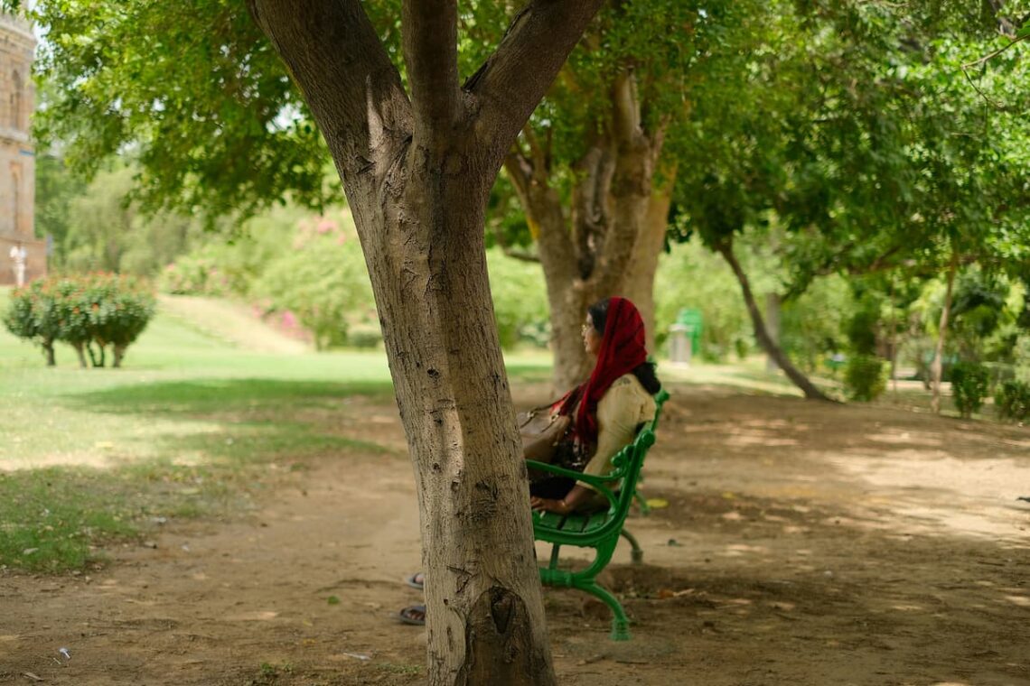 A woman wearing a red headscarf sits alone on a green bench in a park, partially obscured by a tree in the foreground.