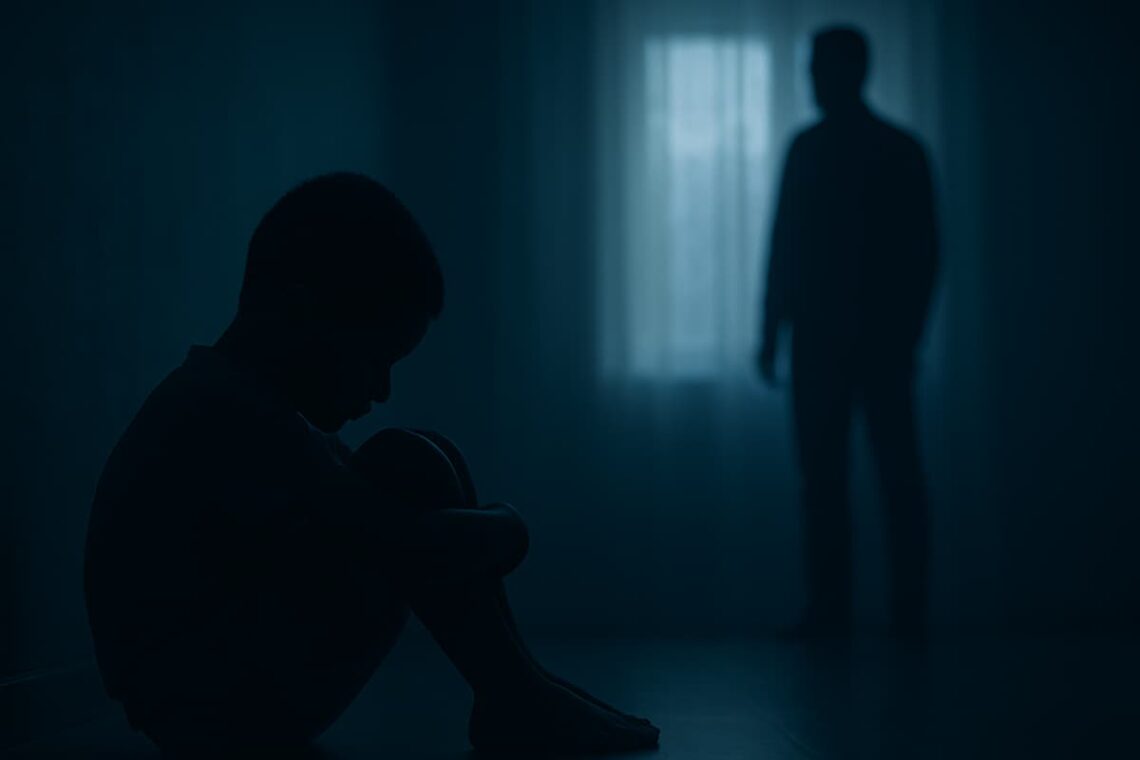 Silhouette of an African boy sitting alone in dim light, distant father in background.