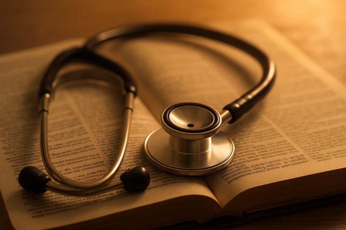A stethoscope resting on an open Bible