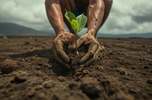 Close-up of hands planting a young tree seedling in dry soil.