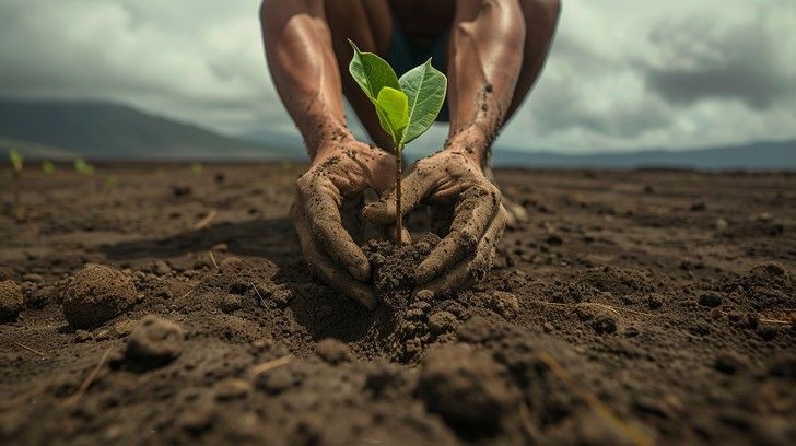 Close-up of hands planting a young tree seedling in dry soil.