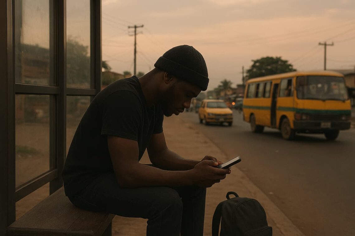 A young Nigerian man sits alone on the roadside beside a yellow danfo bus, staring thoughtfully into the distance.