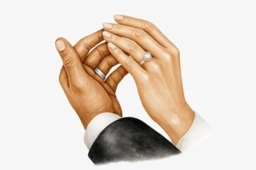 An up-close photo illustration of a female hand wearing a ring. The female hand is holding a man's hand under hers.